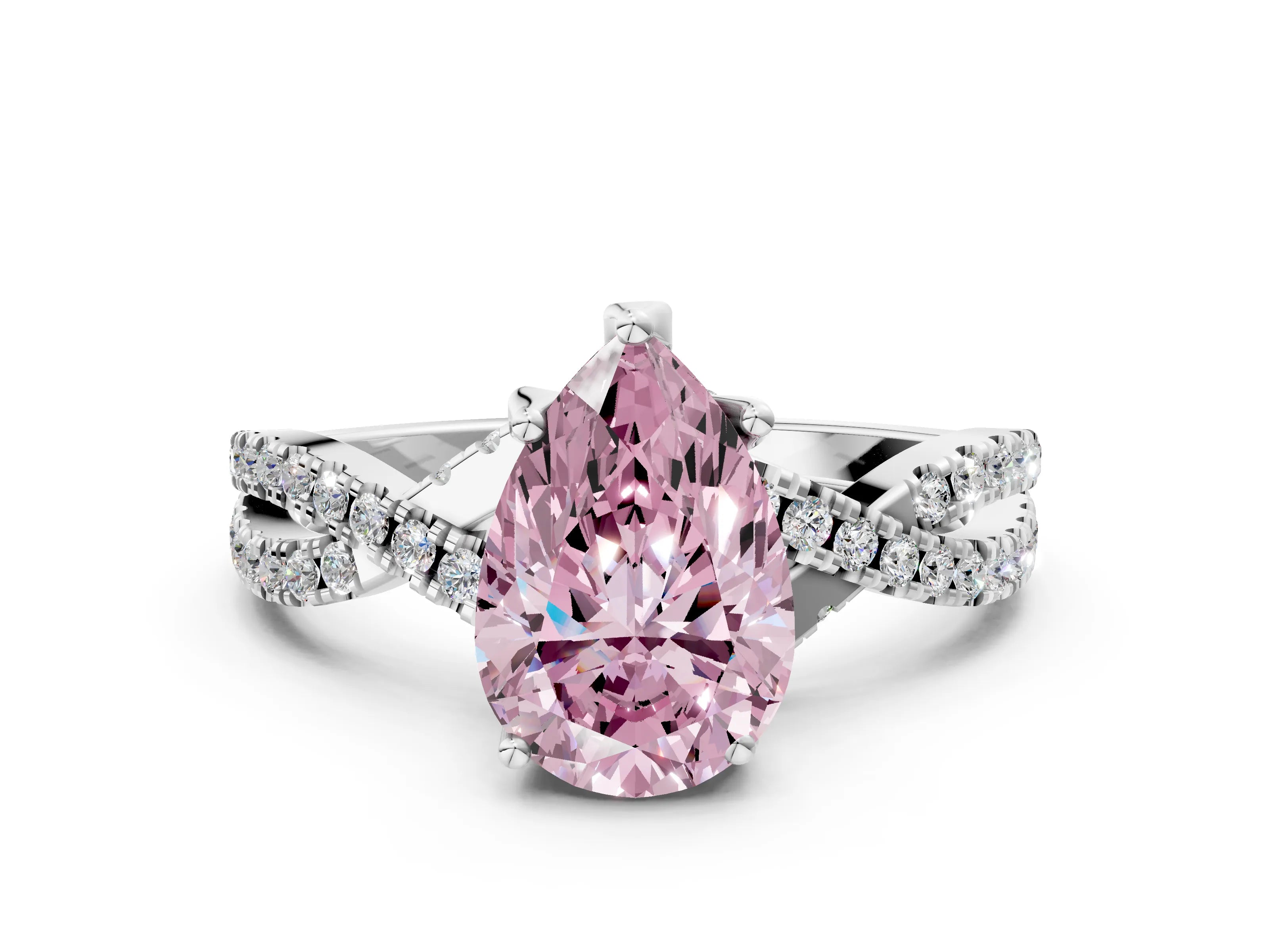 White gold Fancy Pink Pear Cut Solitaire Twist Pave Diamond Engagement Ring with Prong Setting