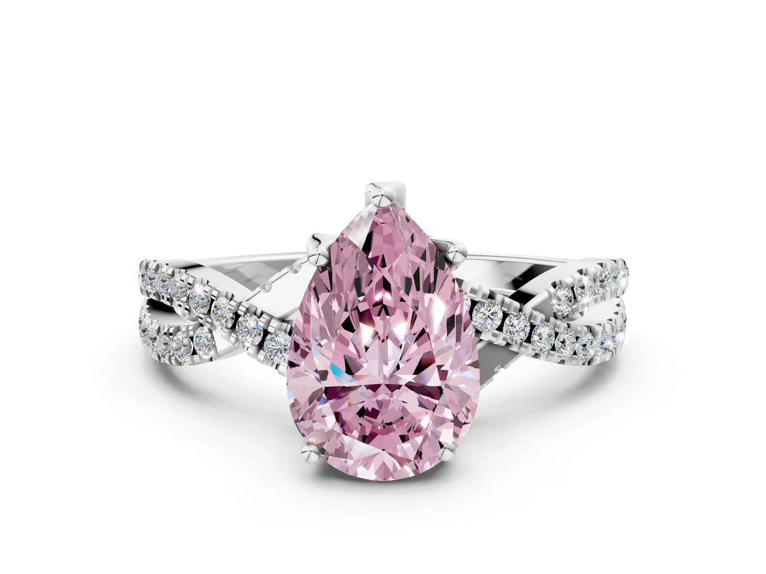 White gold Fancy Pink Pear Cut Solitaire Twist Pave Diamond Engagement Ring with Prong Setting