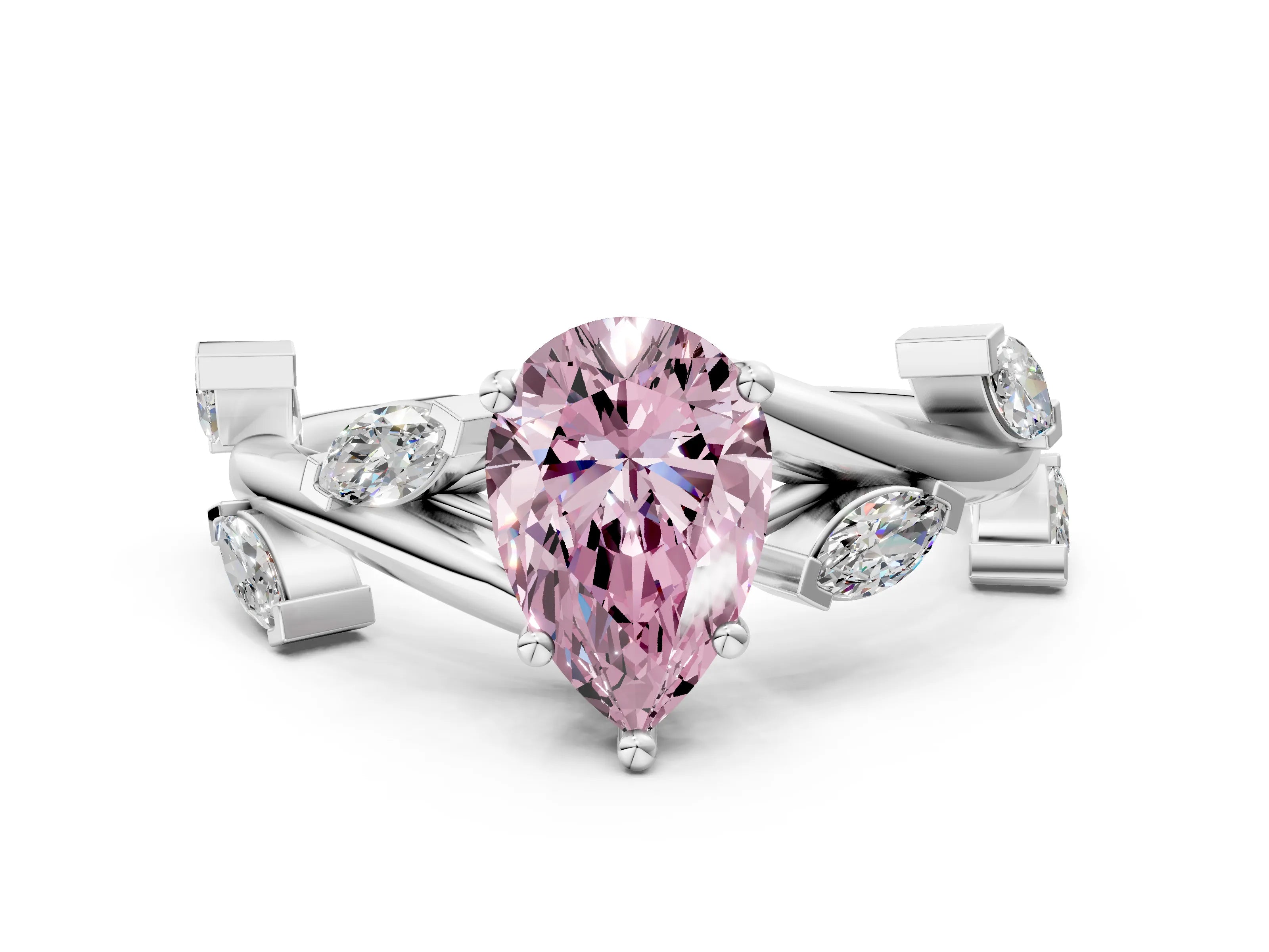 White gold Fancy Pink Pear Cut Solitaire Twisted Band Marquise Accent Prong Setting Ring