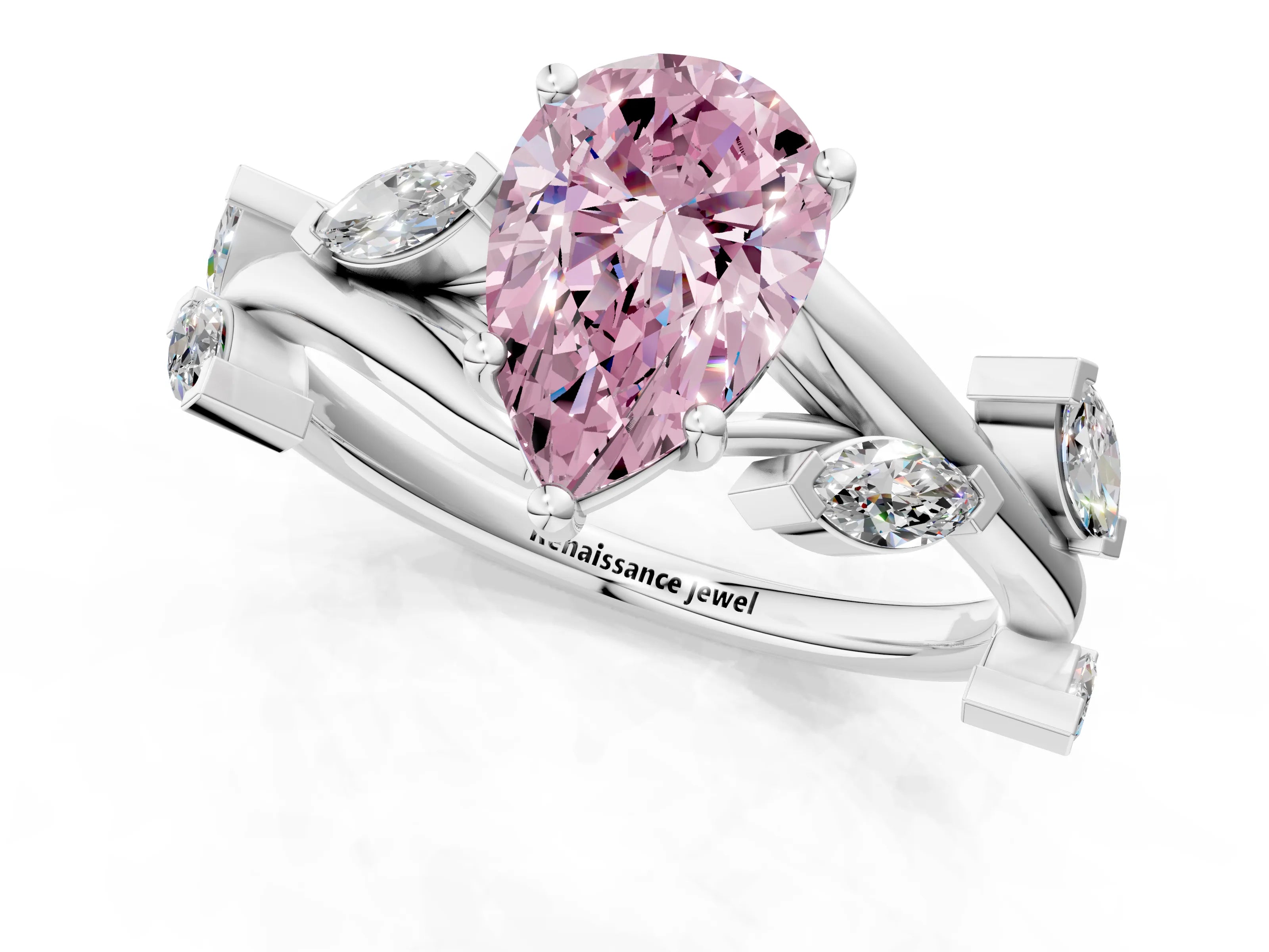White gold Fancy Pink Pear Cut Solitaire Twisted Band Marquise Accent Prong Setting Ring_1