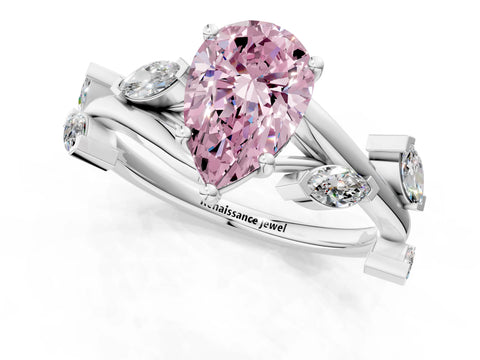 White gold Fancy Pink Pear Cut Solitaire Twisted Band Marquise Accent Prong Setting Ring_1