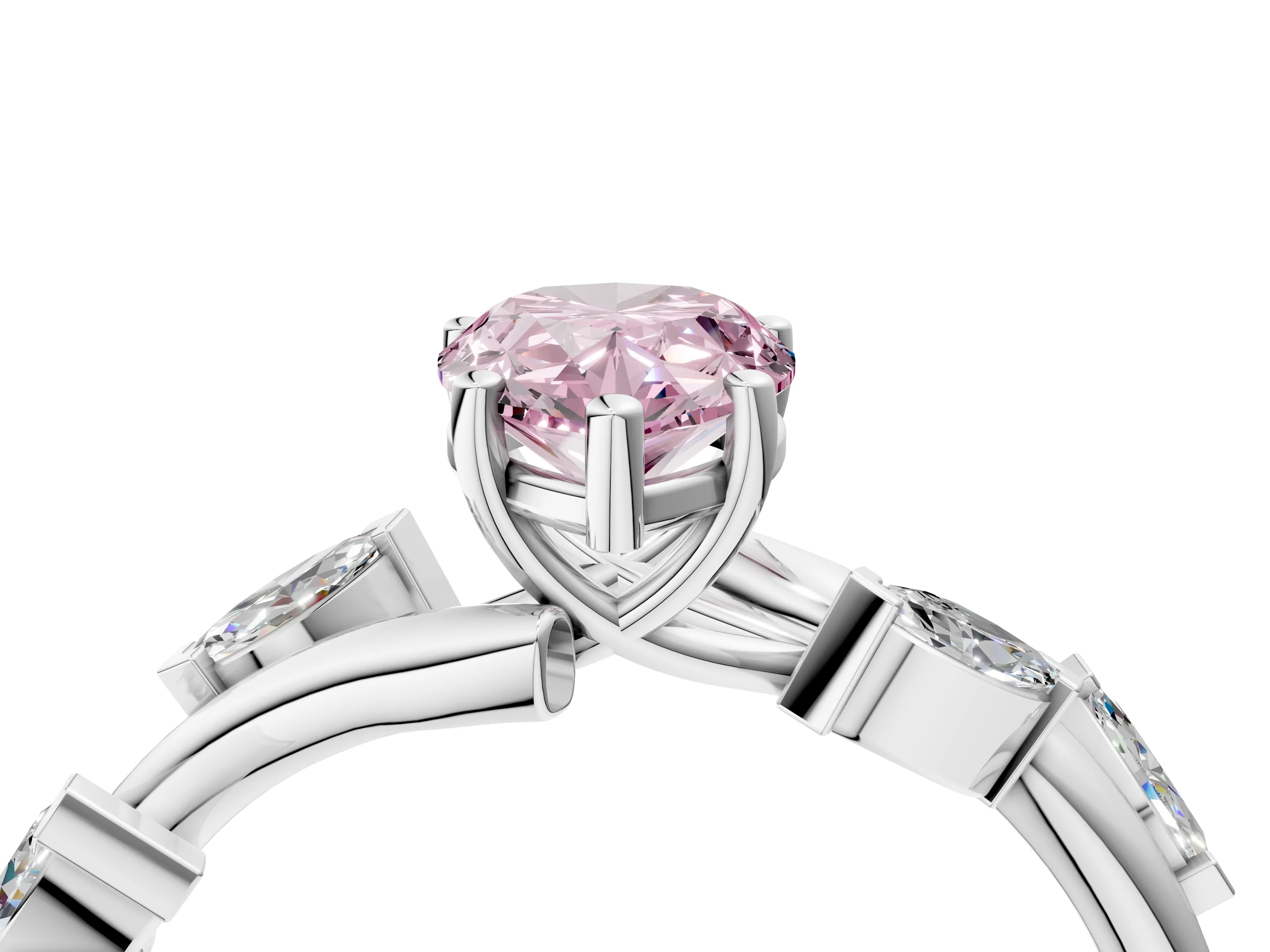 White gold Fancy Pink Pear Cut Solitaire Twisted Band Marquise Accent Prong Setting Ring_4