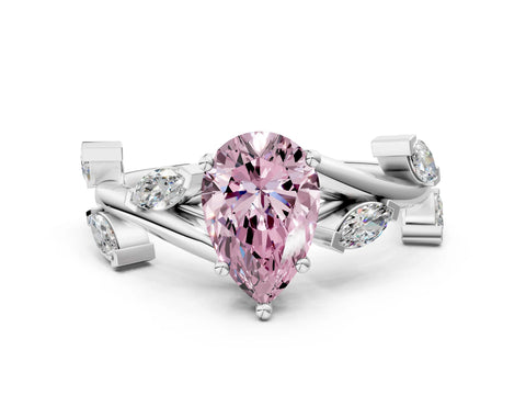 White gold Fancy Pink Pear Cut Solitaire Twisted Band Marquise Accent Prong Setting Ring