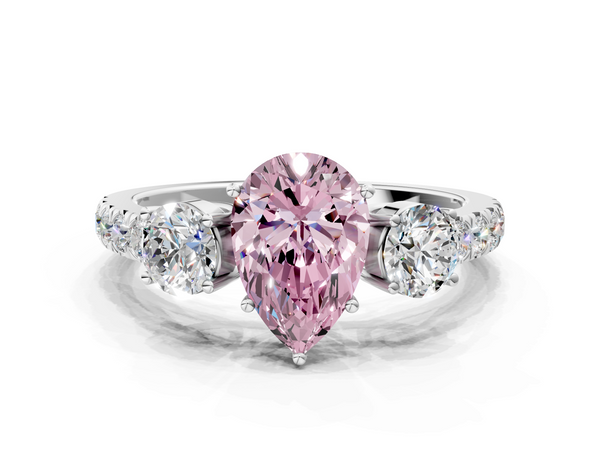 Platinum Fancy Pink Pear  Cut Diamond Three-Stone Ring with Round Side Stones and Pavé Band