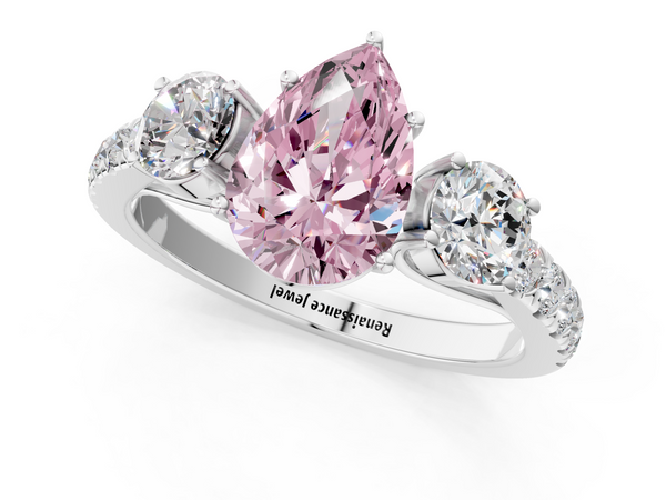 Platinum Fancy Pink Pear  Cut Diamond Three-Stone Ring with Round Side Stones and Pavé Band