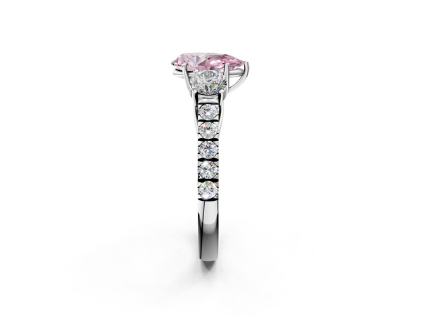 Platinum Fancy Pink Pear  Cut Diamond Three-Stone Ring with Round Side Stones and Pavé Band