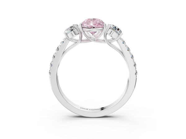 Platinum Fancy Pink Pear  Cut Diamond Three-Stone Ring with Round Side Stones and Pavé Band