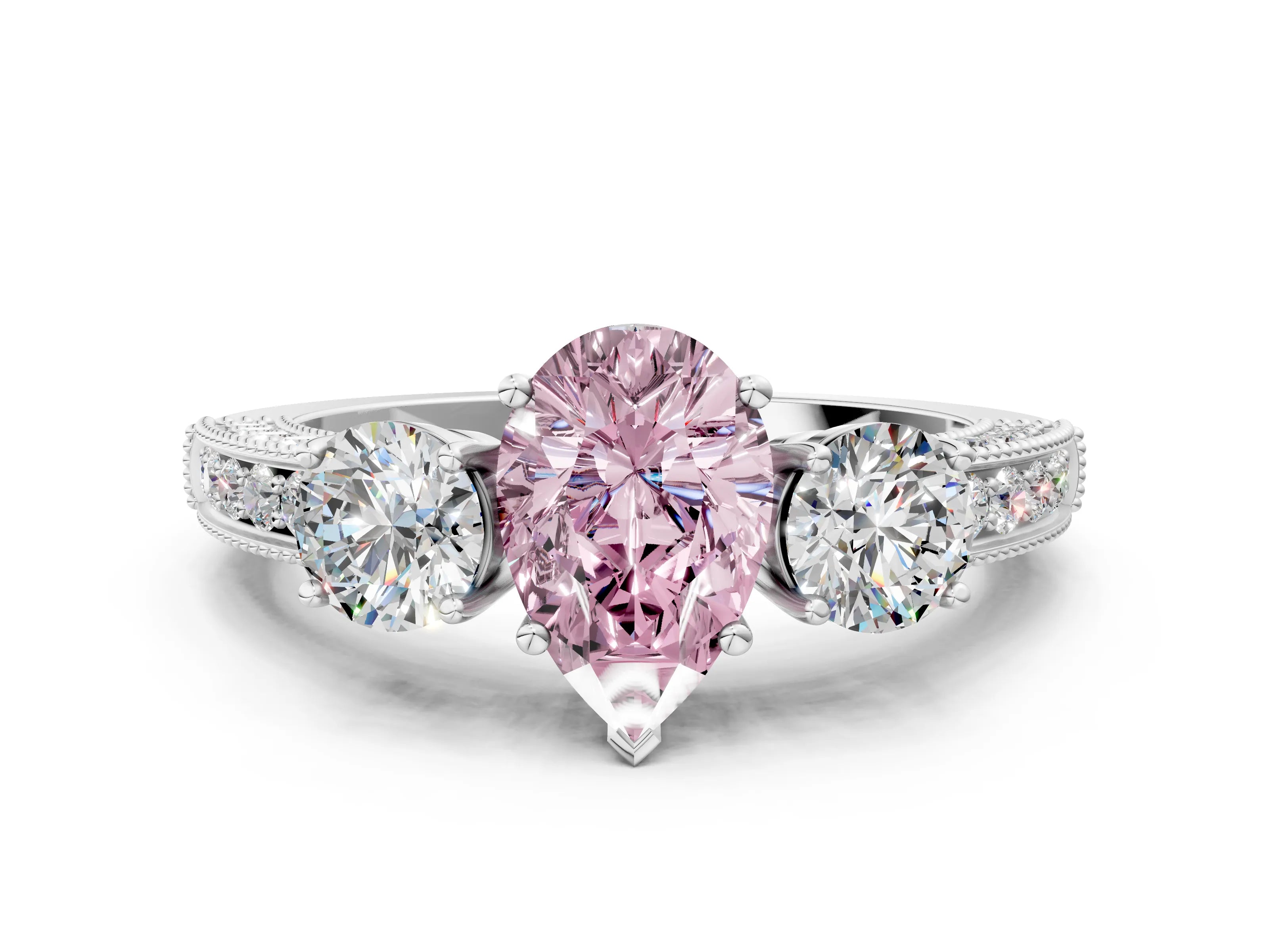 White gold Fancy Pink Pear Cut Three-Stone Diamond Ring with Pavé Band and Four-Prong Setting