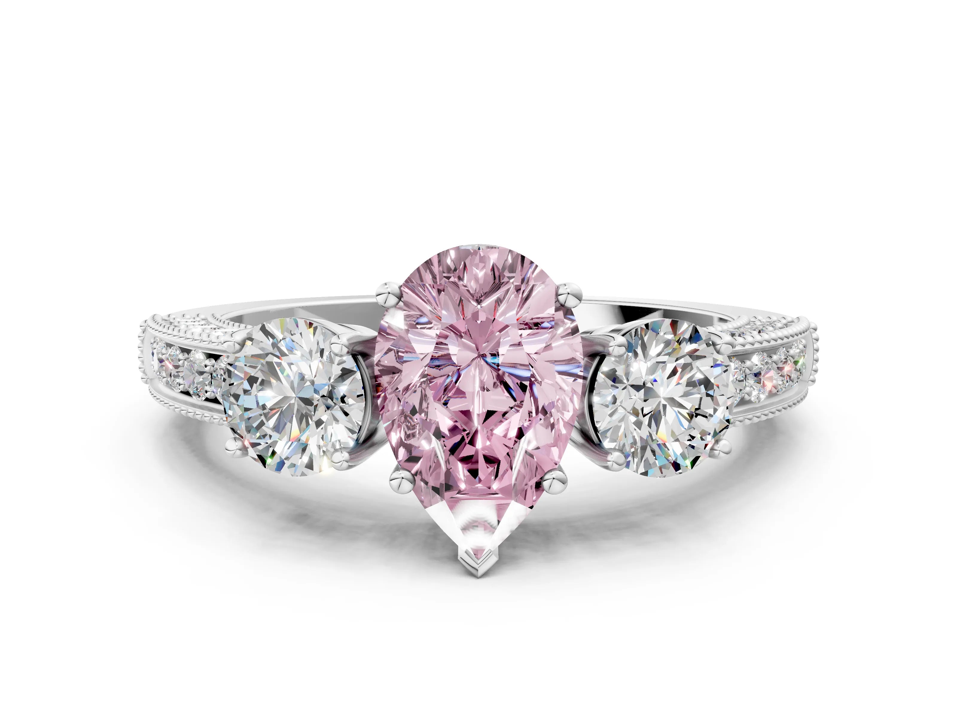 White gold Fancy Pink Pear Cut Three-Stone Diamond Ring with Pavé Band and Four-Prong Setting_12