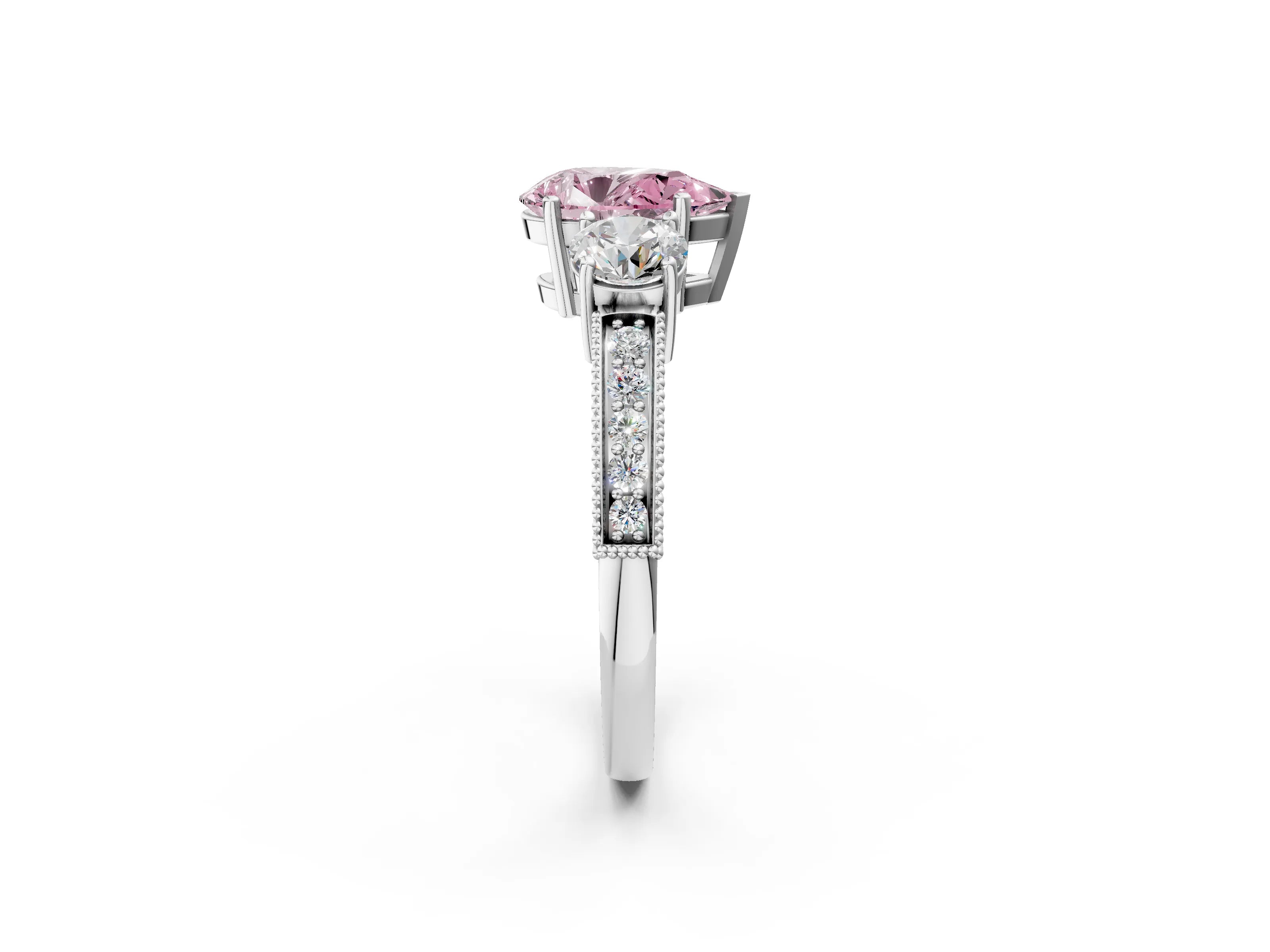White gold Fancy Pink Pear Cut Three-Stone Diamond Ring with Pavé Band and Four-Prong Setting_14