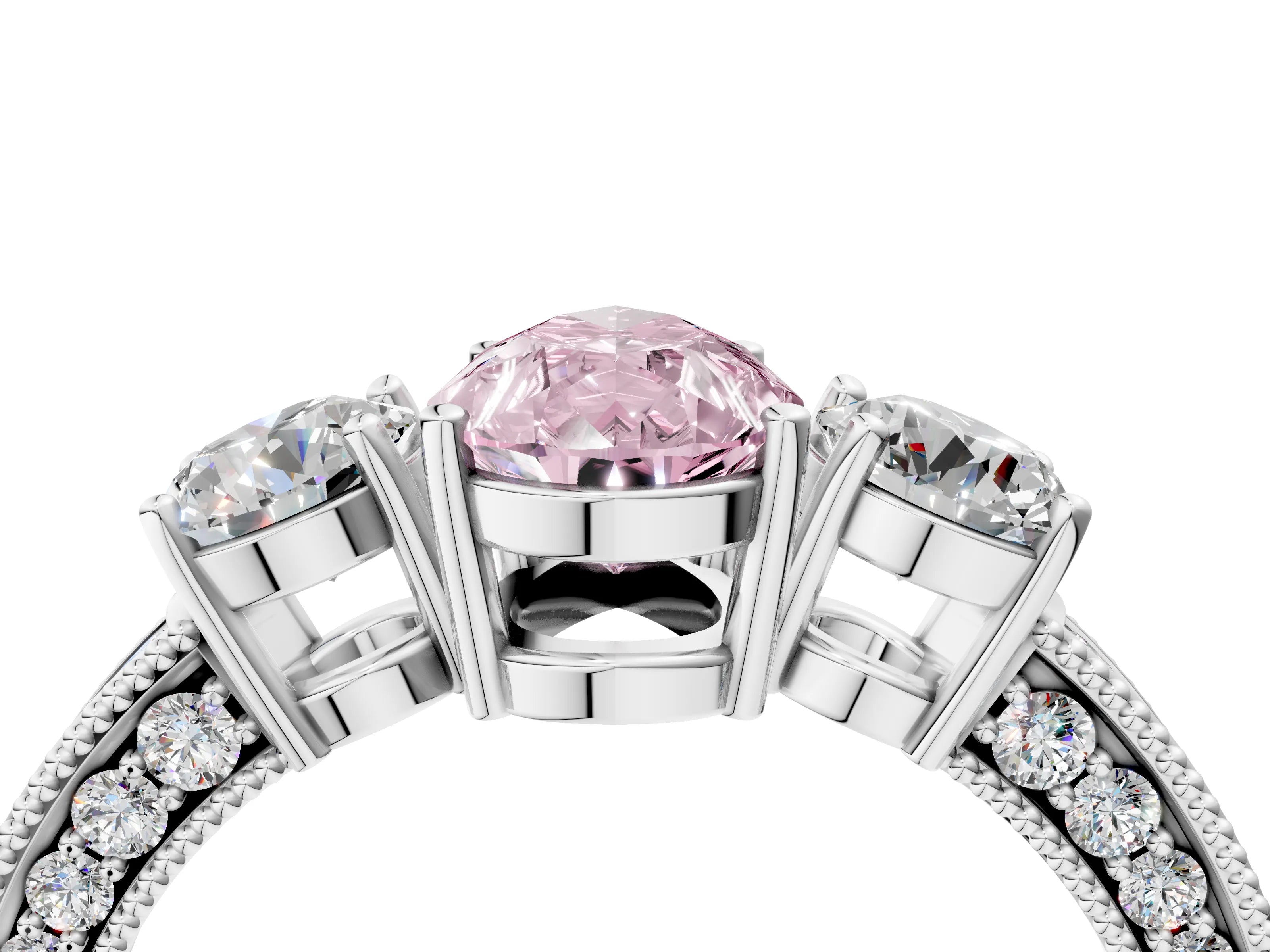 White gold Fancy Pink Pear Cut Three-Stone Diamond Ring with Pavé Band and Four-Prong Setting_16