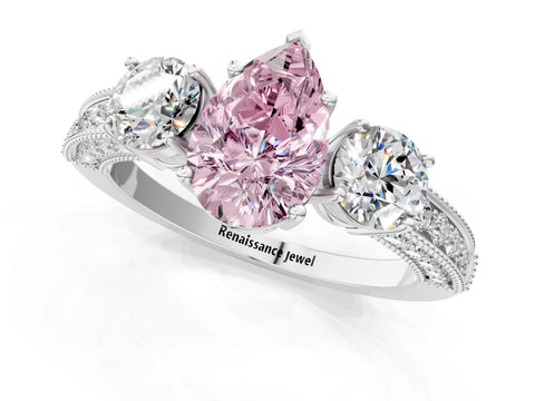 White gold Fancy Pink Pear Cut Three-Stone Diamond Ring with Pavé Band and Four-Prong Setting_1
