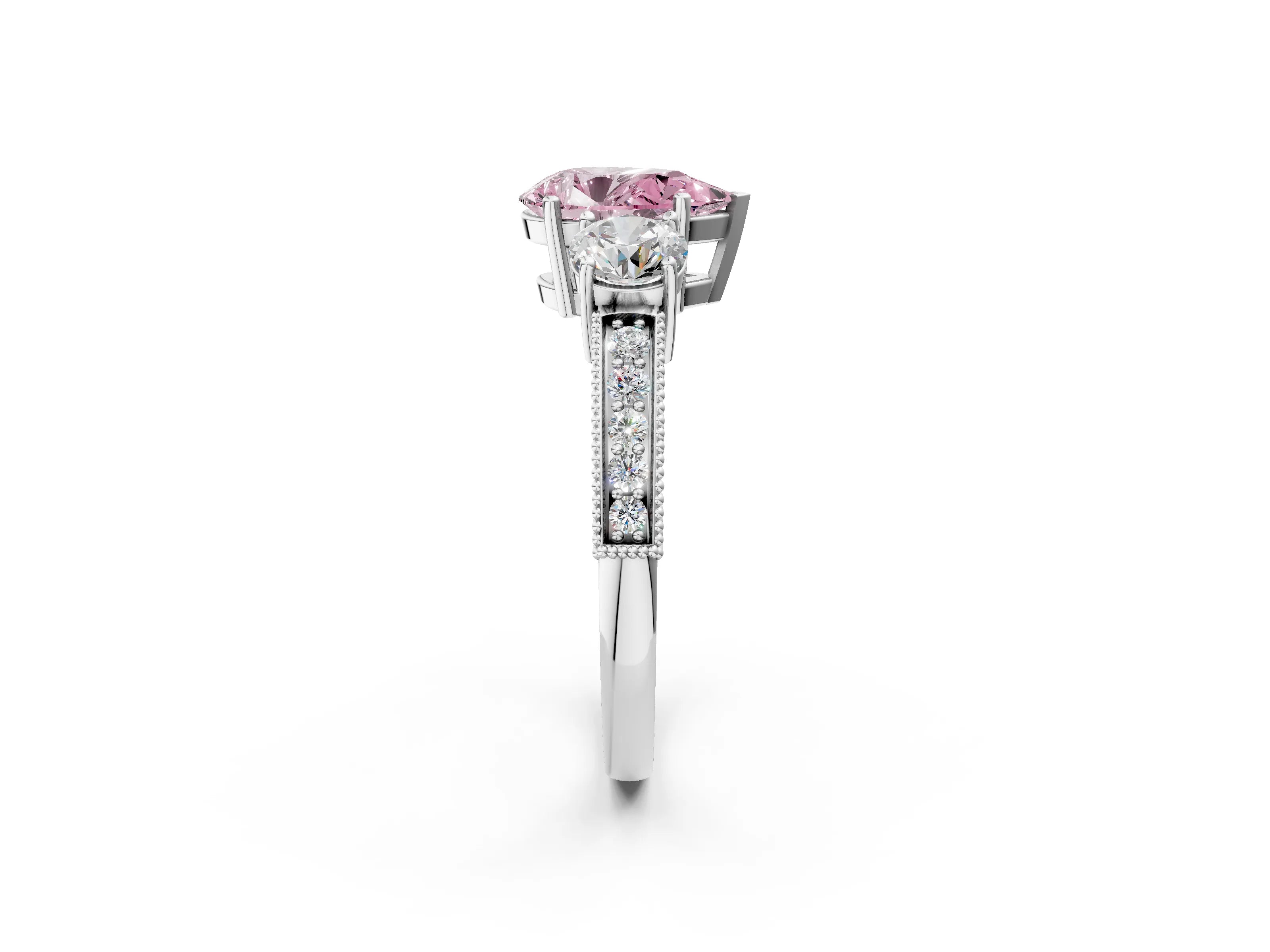 White gold Fancy Pink Pear Cut Three-Stone Diamond Ring with Pavé Band and Four-Prong Setting_2
