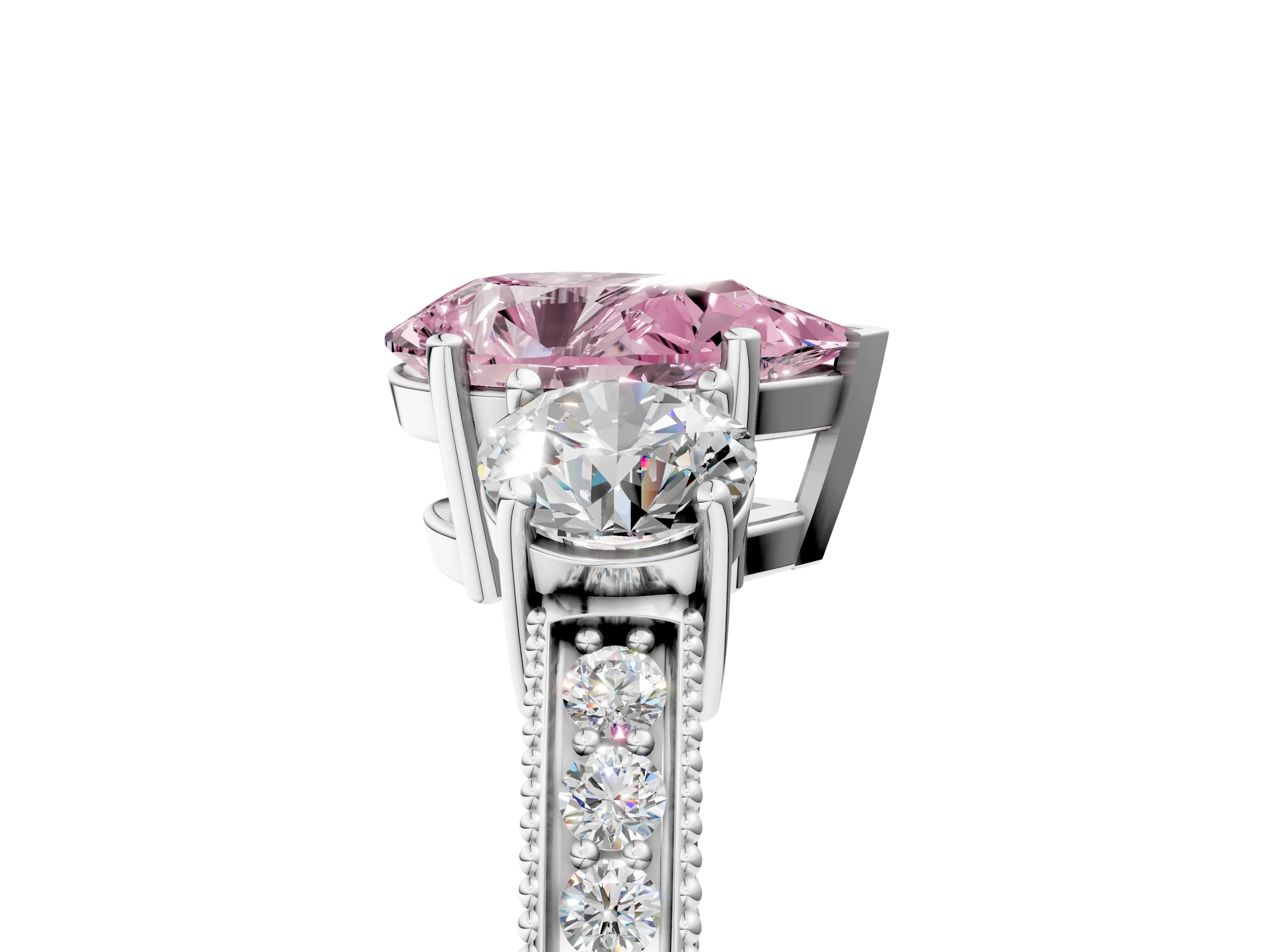 White gold Fancy Pink Pear Cut Three-Stone Diamond Ring with Pavé Band and Four-Prong Setting_5