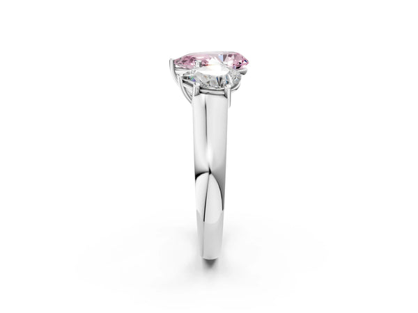 Platinum Fancy Pink Pear Cut Three-Stone Diamond Ring with Prong Setting on a Classic Band