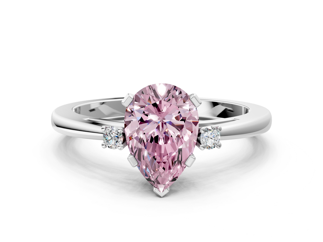 White gold Fancy Pink Pear  Cut Three-Stone Solitaire Ring with Round Accent Diamonds and Four-Prong Setting_20