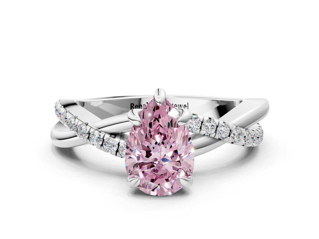 White gold Fancy Pink Pear  Cut Twist Band Solitaire Diamond Ring with Pavé Setting_3