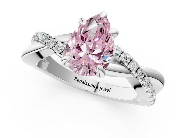 Platinum Fancy Pink Pear  Cut Twist Band Solitaire Diamond Ring with Pavé Setting