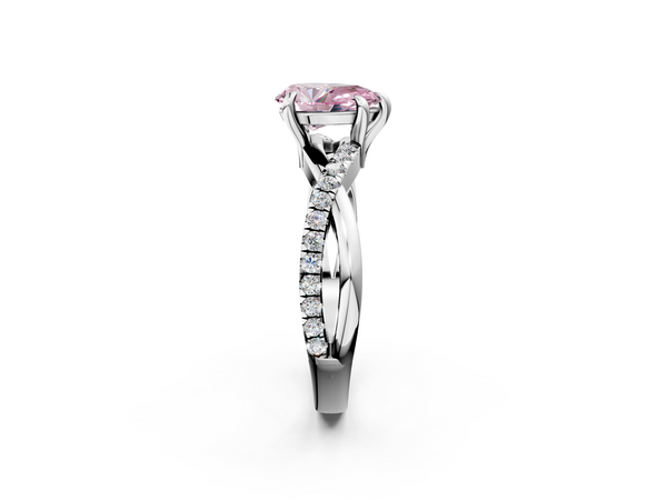 Platinum Fancy Pink Pear  Cut Twist Band Solitaire Diamond Ring with Pavé Setting