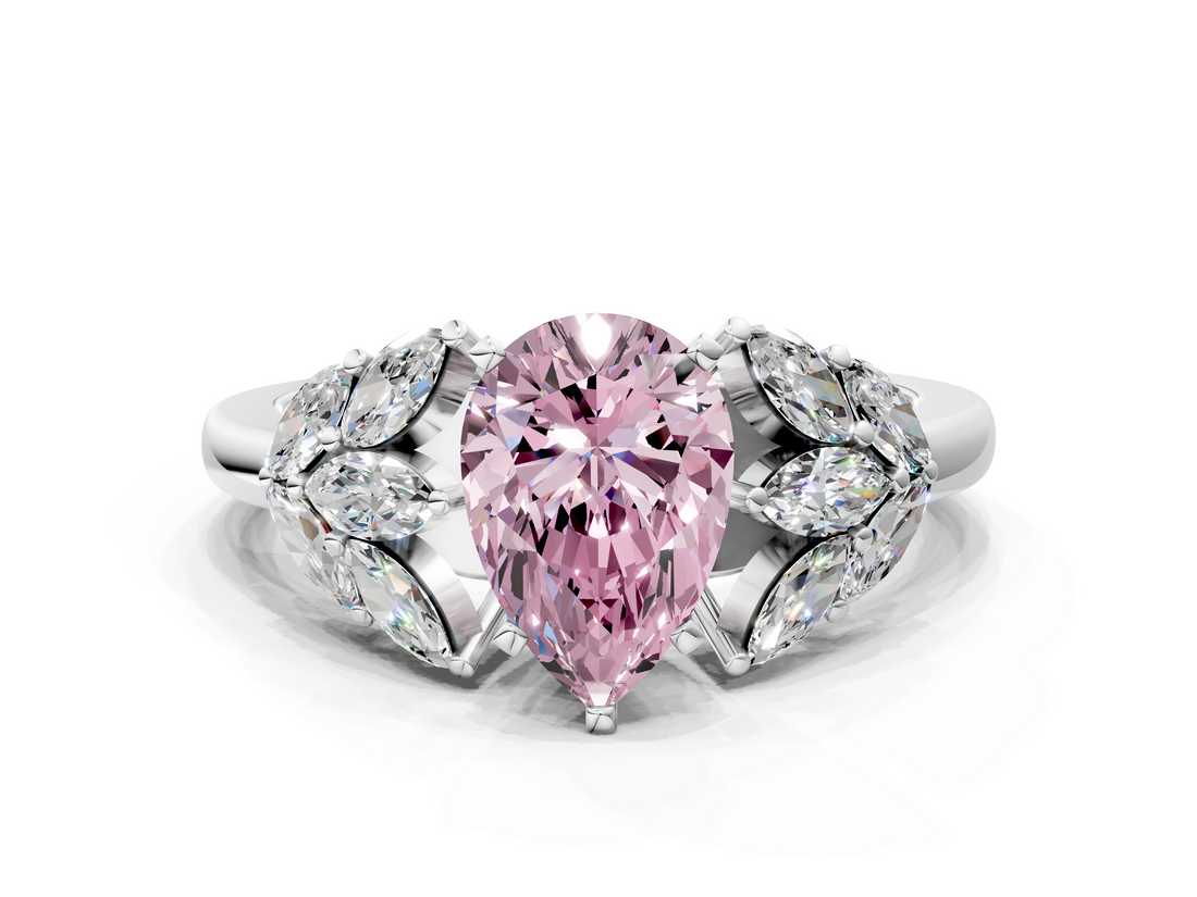 White gold Fancy Pink Pear  Diamond Cluster Leaf Design Ring with Prong Setting_53