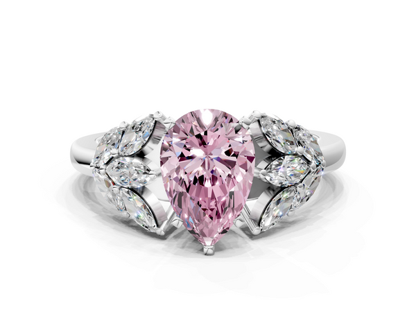 Platinum Fancy Pink Pear  Diamond Cluster Leaf Design Ring with Prong Setting