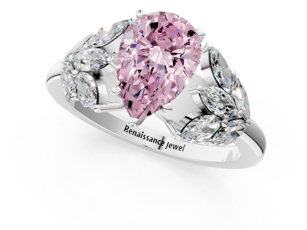 Platinum Fancy Pink Pear  Diamond Cluster Leaf Design Ring with Prong Setting