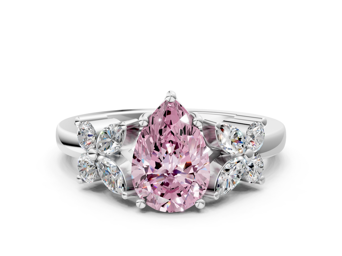 White gold Fancy Pink Pear  Diamond Floral Cluster Ring with Solitaire Band and Prong Setting_48