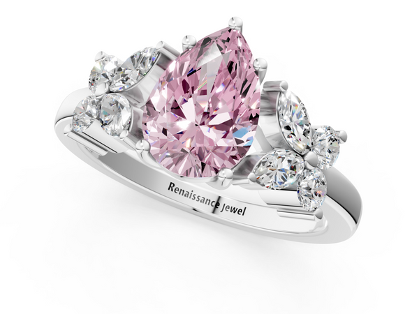 Platinum Fancy Pink Pear  Diamond Floral Cluster Ring with Solitaire Band and Prong Setting