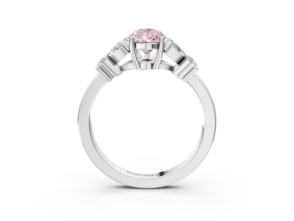 Platinum Fancy Pink Pear  Diamond Floral Cluster Ring with Solitaire Band and Prong Setting