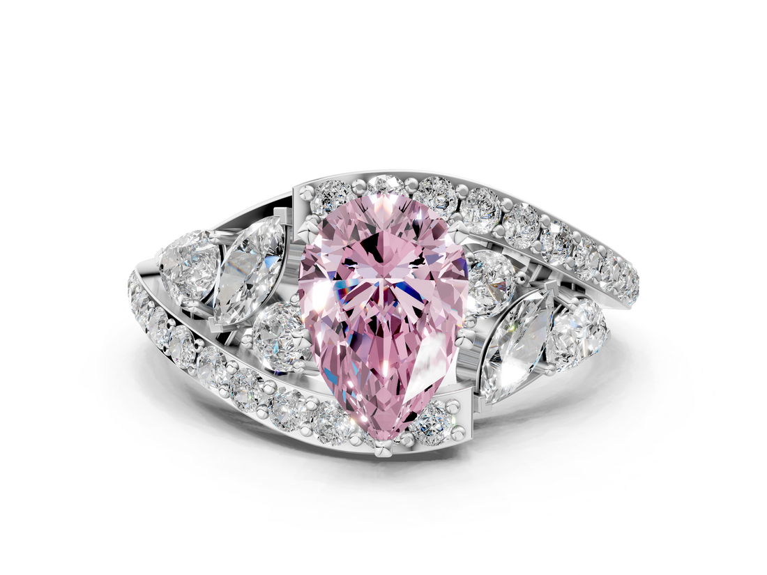 White gold Fancy Pink Pear  Diamond Halo Ring with Marquise and Pavé Band in Prong Setting_106