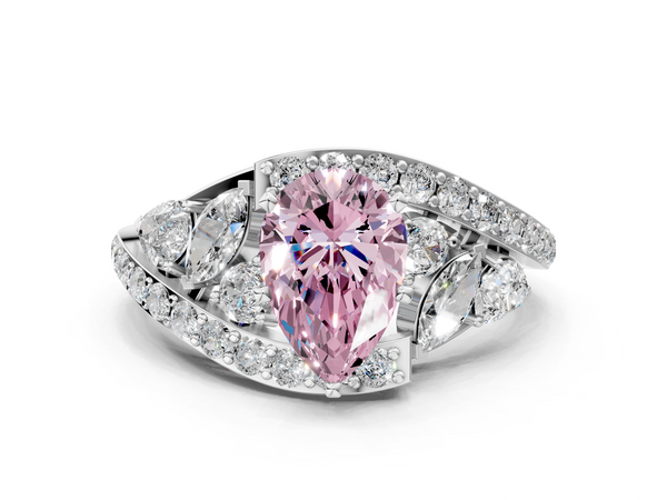 White gold Fancy Pink Pear  Diamond Halo Ring with Marquise and Pavé Band in Prong Setting