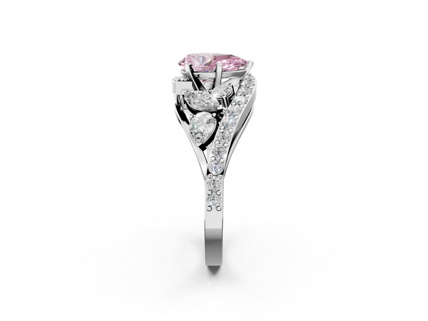 White gold Fancy Pink Pear  Diamond Halo Ring with Marquise and Pavé Band in Prong Setting