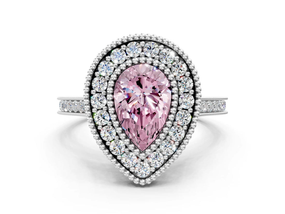 White gold Fancy Pink Pear  Diamond Halo Ring with Milgrain Frame and Pavé Band_72