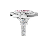 White gold Fancy Pink Pear  Diamond Halo Ring with Milgrain Frame and Pavé Band_76