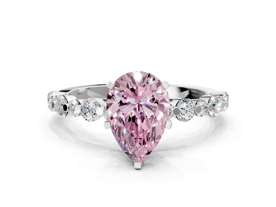 White gold Fancy Pink Pear Cut Diamond Prong Set Engagement Ring with Pavé Band
