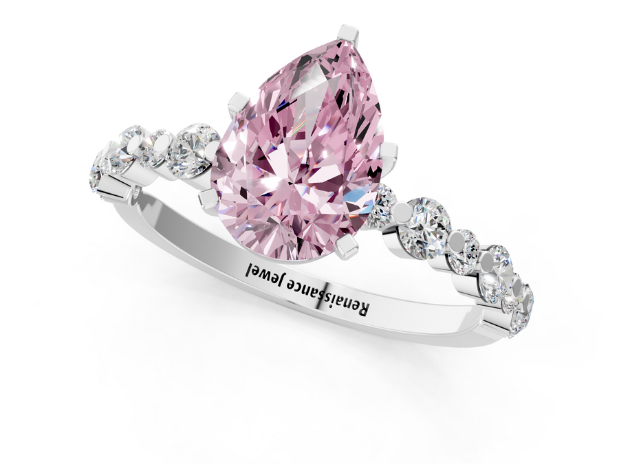 White gold Fancy Pink Pear Cut Diamond Prong Set Engagement Ring with Pavé Band