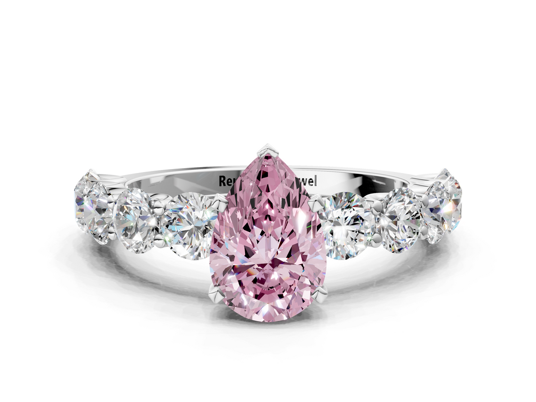 White gold Fancy Pink Pear  Diamond Prong Setting with Side Stones on a Pave Band_108