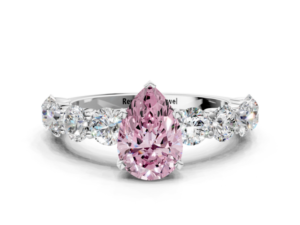 White gold Fancy Pink Pear Cut Diamond Prong Setting with Side Stones on a Pave Band