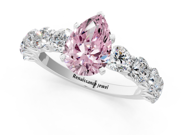 White gold Fancy Pink Pear Cut Diamond Prong Setting with Side Stones on a Pave Band