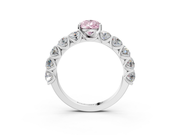 White gold Fancy Pink Pear Cut Diamond Prong Setting with Side Stones on a Pave Band
