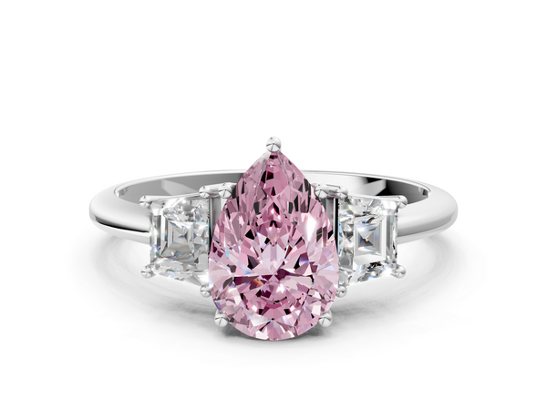 White gold Fancy Pink Pear  Diamond Three-Stone Ring with Trapezoid Side Stones and Prong Setting