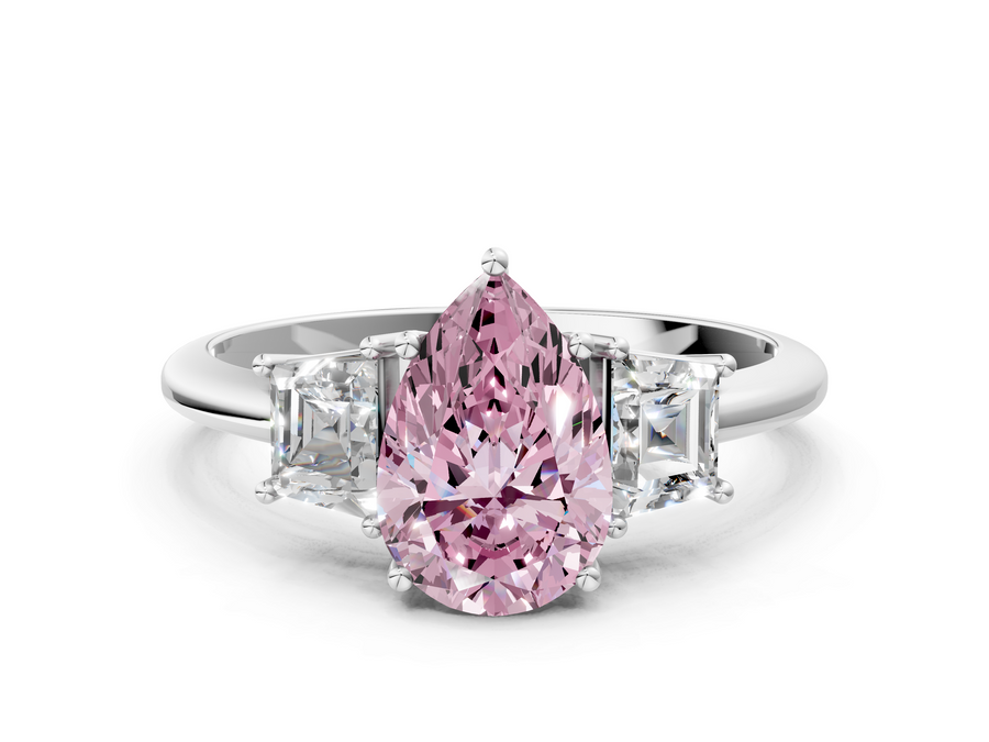 White gold Fancy Pink Pear  Diamond Three-Stone Ring with Trapezoid Side Stones and Prong Setting