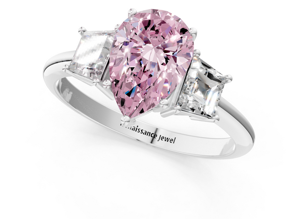 White gold Fancy Pink Pear  Diamond Three-Stone Ring with Trapezoid Side Stones and Prong Setting