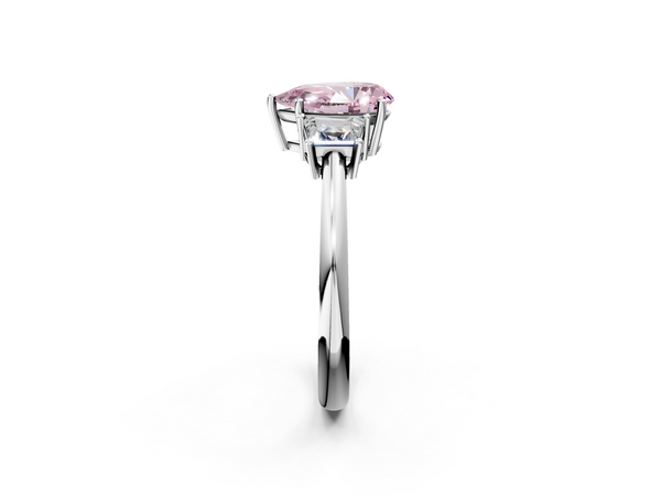 White gold Fancy Pink Pear  Diamond Three-Stone Ring with Trapezoid Side Stones and Prong Setting