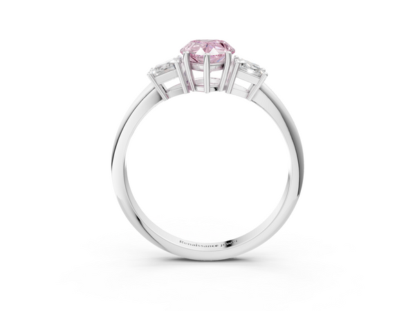 White gold Fancy Pink Pear  Diamond Three-Stone Ring with Trapezoid Side Stones and Prong Setting