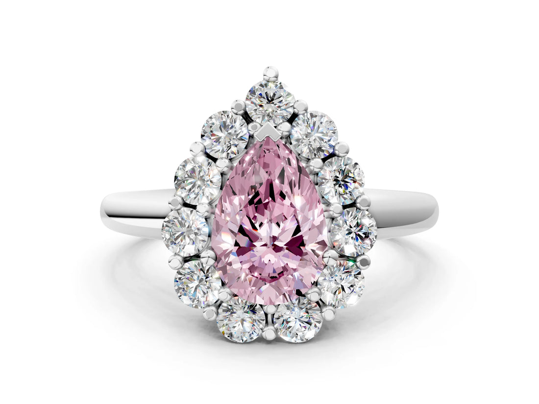 White gold Fancy Pink Pear  Halo Cluster Diamond Engagement Ring with Prong Setting and Polished Band_20