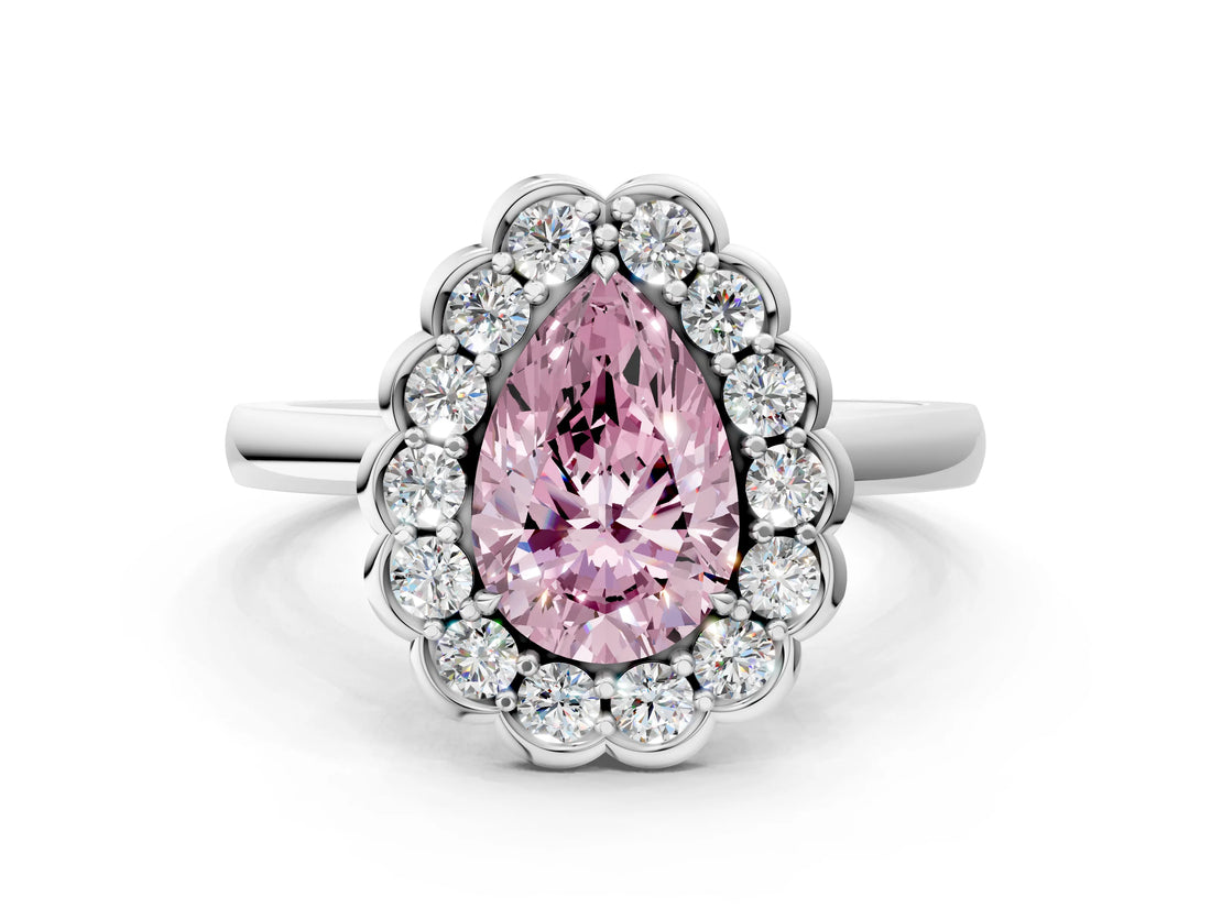 White gold Fancy Pink Pear  Halo Cluster Diamond Engagement Ring with Solitaire Band and Prong Setting_49