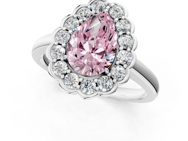 White gold Fancy Pink Pear  Halo Cluster Diamond Engagement Ring with Solitaire Band and Prong Setting