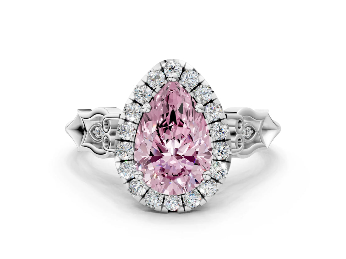 White gold Fancy Pink Pear  Halo Diamond Engagement Ring with Filigree Band and Four-Prong Setting_115