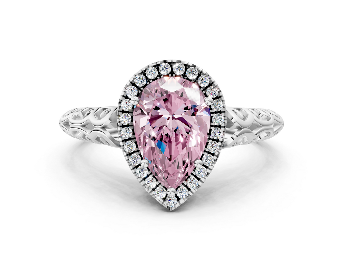 White gold Fancy Pink Pear  Halo Diamond Engagement Ring with Intricate Filigree Band and Four-Prong Setting_54